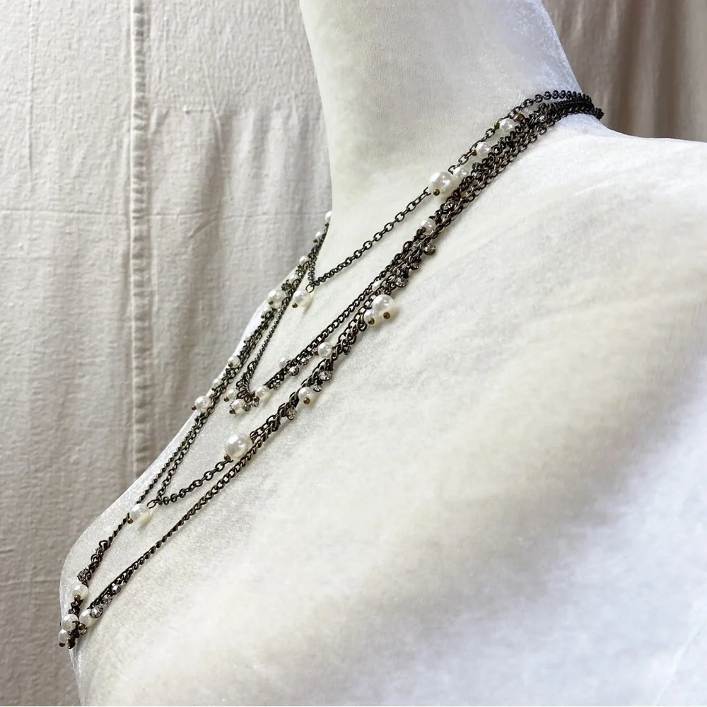 Abercrombie & Fitch layered antiqued goldtone faux Pearl rhinestone necklace